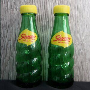 Vintage Squirt Soda Salt and Pepper Shakers Green Glass Bottles Used